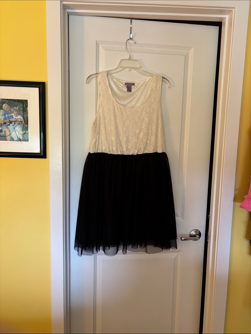 Sleeveless Ivory Lace and Black Tulle Mini Dress